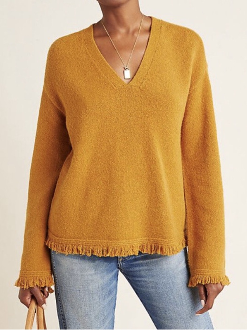 by Anthropologie Mustard V-Neck Fringe Hem Sweater Alpaca Wool Blend - M